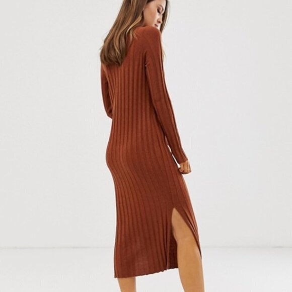 Asos Rust Brown Ribbed Long Sleeve Shift Dress 2 - Picture 4 of 11